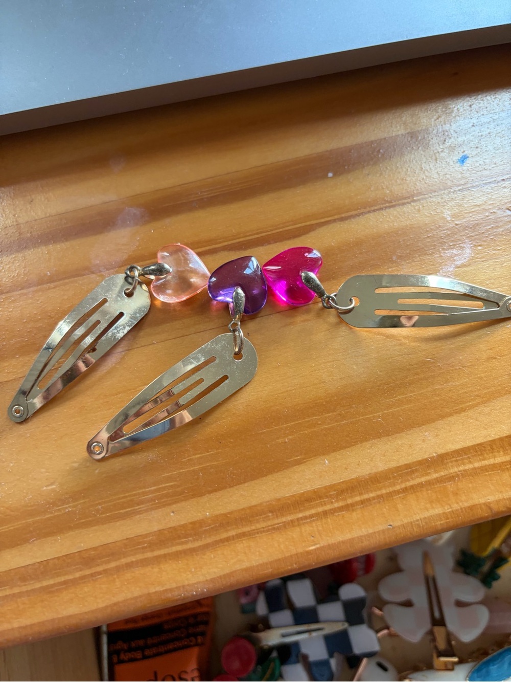 Women's Gold Hair Clip Set with Pink, Purple, and Peach Heart Charms -